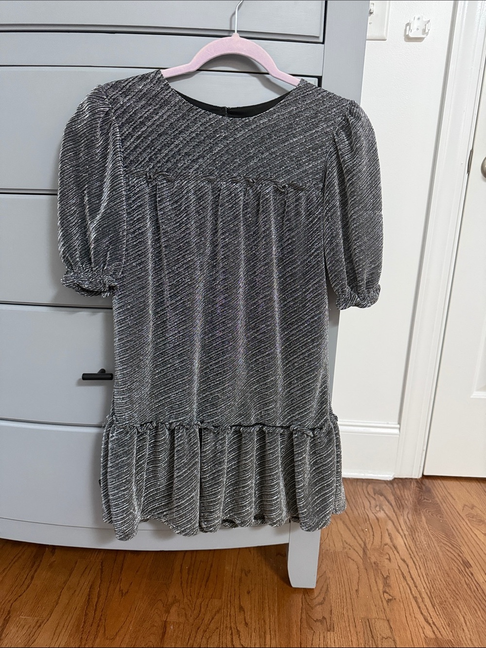 wonder nation Black and Silver Metallic Puff Sleeve Ruffle Tunic